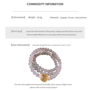 Detail specifications of moonstone and zircon rose bracelet with 29.6g weight and 53.2cm length