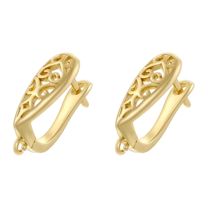 Golden hollow geometric U-shaped earring clips with vintage pattern and DIY hanging loop