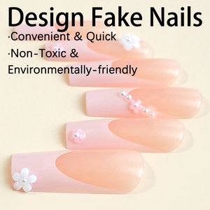 Pink press-on nails with 3D white flowers and pearls decoration in trapezoid shape
