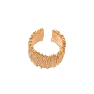 Textured gold open ring with industrial woven metal pattern in minimalist style