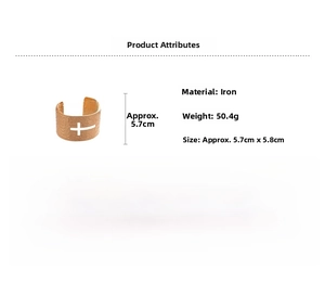 Detail of wide gold textured cuff bracelet featuring hollow cross design and dimensions