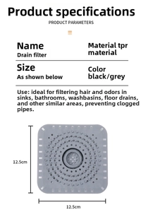 Filtro lavandino quadrato in silicone grigio con fori e dimensioni di 12,5 cm