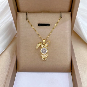 Rabbit Pendant Necklace With Zircon Rhinestone Stainless Steel Chain Copper For Women Elegant Cute Clavicle Chain Jewelry