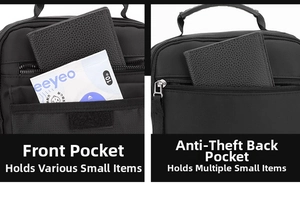 Detail view of the front pocket and anti-theft back pocket for daily storage
