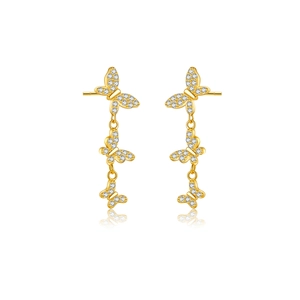 Elegant gold butterfly drop earrings with white cubic zirconia in long tassel style