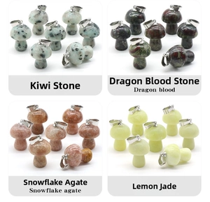 Detailed view of natural stone mushroom pendants with silver metal bails in four colors