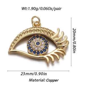 Detail of evil eye pendant showing copper material, 1.90g weight and 23mm x 20mm size