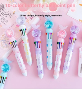 Detail of creative 10-color butterfly ballpoint pen with sparkling sequins ball top