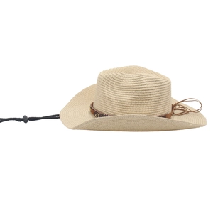 Detail of hand-woven straw cowboy hat with decorative belt and wind rope on white background