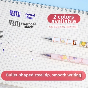 Detail of retractable erasable pens with cute cartoon prints on a grid notebook