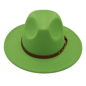 Detail of wool fedora hat with brown leather band and gold stud embellishments