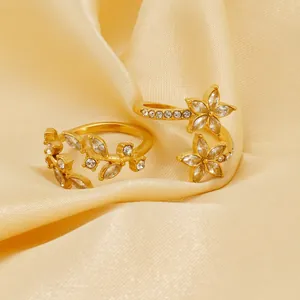 Flower Leaf Adjustable Ring Stainless Steel 18K Gold Plated Zircon Inlaid Elegant Niche Design Jewelry For Women