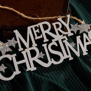 Wooden Merry Christmas hanging sign with silver glitter stars and rustic hemp rope