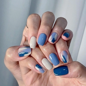 Short Press On Nails Square Round Blue Graffiti Oil Painting Style Glossy ABS Artificial False Nails For Women