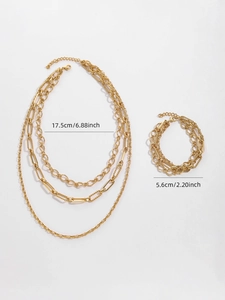 Three-layer 18k gold plated stainless steel paperclip necklace and bracelet set dimensions