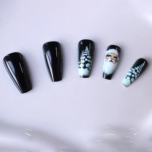 Christmas press-on nails featuring black gloss, Santa Claus art, and snowy tree designs