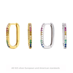 925 Sterling Silver Rainbow Cubic Zirconia U-Shaped Huggie Hoop Earrings Rectangular Minimalist Colorful Jewelry For Women