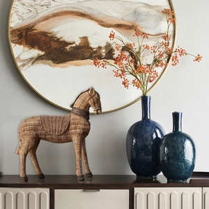 European vintage resin horse statue with natural rattan weave texture for home decor