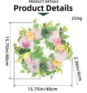 Floral wreath dimensions diagram showing 40cm diameter and 255g weight with pink flowers