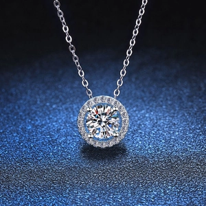 925 Sterling Silver Moissanite Pendant Necklace For Women Round Halo Clavicle Chain Geometric Rhinestone Necklace Jewelry Gift