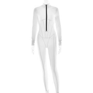 Close-up of white long sleeve bodysuit featuring a black front zipper and slim fit design