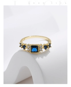 Macro view of blue gemstone ring with S925 silver stamp on gold plated inner band