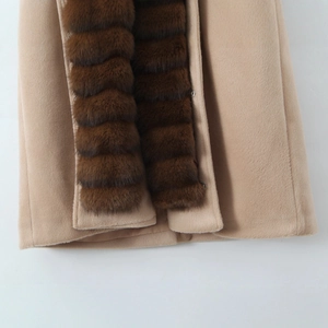 Elegant camel wool coat with dark brown faux fur collar and silver snap button closure