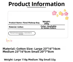 Size chart for floral cotton makeup bags available in large, medium, and small options