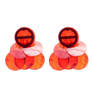 Vibrant red round resin shell earrings with a layered geometric drop design for women