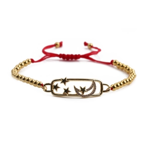 Gold-plated star and moon zircon bracelet with adjustable red braided rope