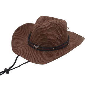 Raffia Straw Western Cowboy Hat Handwoven Sun Protection Wide Brim With Metal Bull Head Leather Band And Windproof Rope