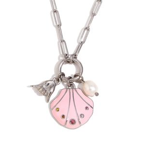 18K gold plated necklace with pink shell pendant, gesture charm and white pearl