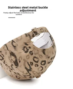 Detail of leopard print baseball cap with adjustable stainless steel metal buckle back