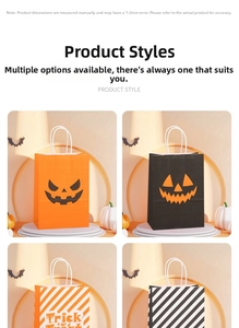 Detail view of four Halloween gift bags with pumpkin faces and stripes on a display stand