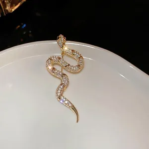 Exquisite gold-plated snake brooch with sparkling cubic zirconia on white ceramic plate