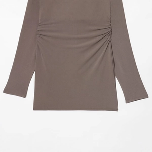 Brown long sleeve knitted mini dress with side drawstring ruched detailing