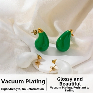 Detailed view of water drop earrings in emerald green and cream white with 18K gold finish