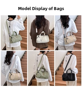 Detailed views of nylon Boston bags with adjustable straps and small round coin purses