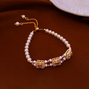 Elegant pearl and purple zircon square pendant bracelet with adjustable gold chain