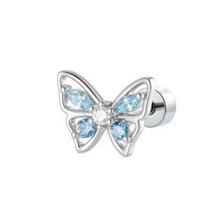 Silver butterfly cartilage piercing with blue zircon inlay and threaded flat back design