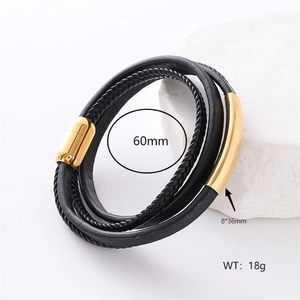 Men's multilayer black braided leather bracelet with gold stainless steel clasp 60mm