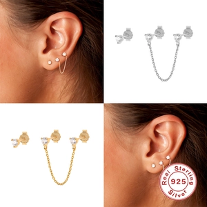 S925 sterling silver chain stud earrings set with zircon for multiple ear piercings