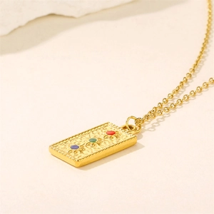 18K gold plated titanium necklace with rectangular pendant featuring three enamel stars