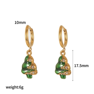 Detail of gold earrings with green enamel and rhinestones including size dimensions