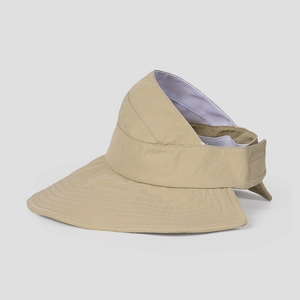 Detail of khaki wide-brim sun hat with reinforced stitching and breathable mesh lining