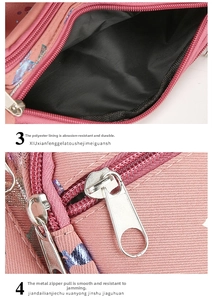 Detail view of pink oxford waist bag showing interior lining and smooth metal zippers