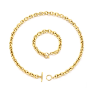 Ensemble collier et bracelet dorés en acier inoxydable avec fermoir à bascule OT tendance