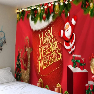 Detailed Christmas wall tapestry featuring festive Santa, reindeer, and holiday stockings