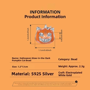 Detailed specs for S925 silver Halloween glowing pumpkin cat charm bead with enamel