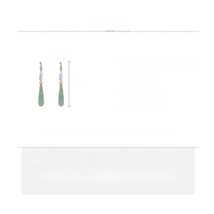 Detailed specs for long green resin teardrop earrings with white imitation pearls